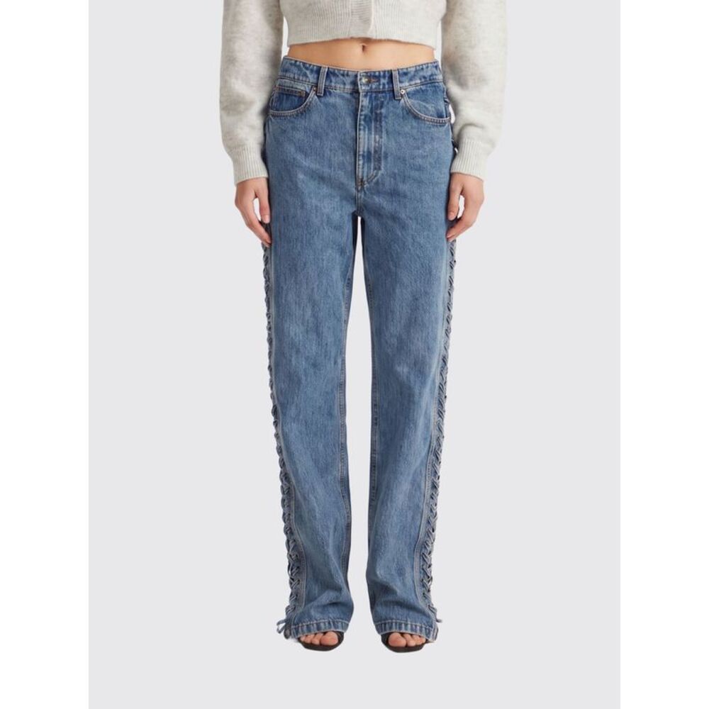 Rotate Women Rotate Mid-Rise Straight Jeans In Denim With Woven Straps
